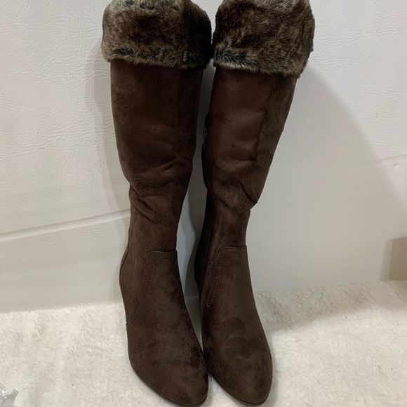New Direction Knee High Faux Fur Wedge Heel Boot - Picture 1 of 8